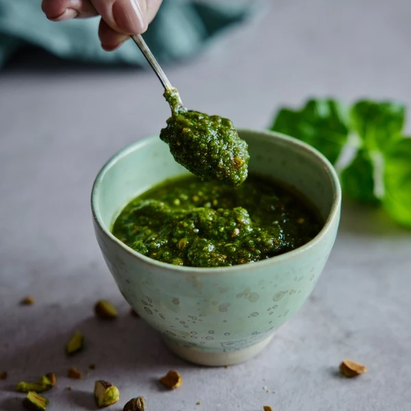 Hemmagjord pesto tillverkad med Ankarsrum Assistent, grönt och fräscht på en grön skål