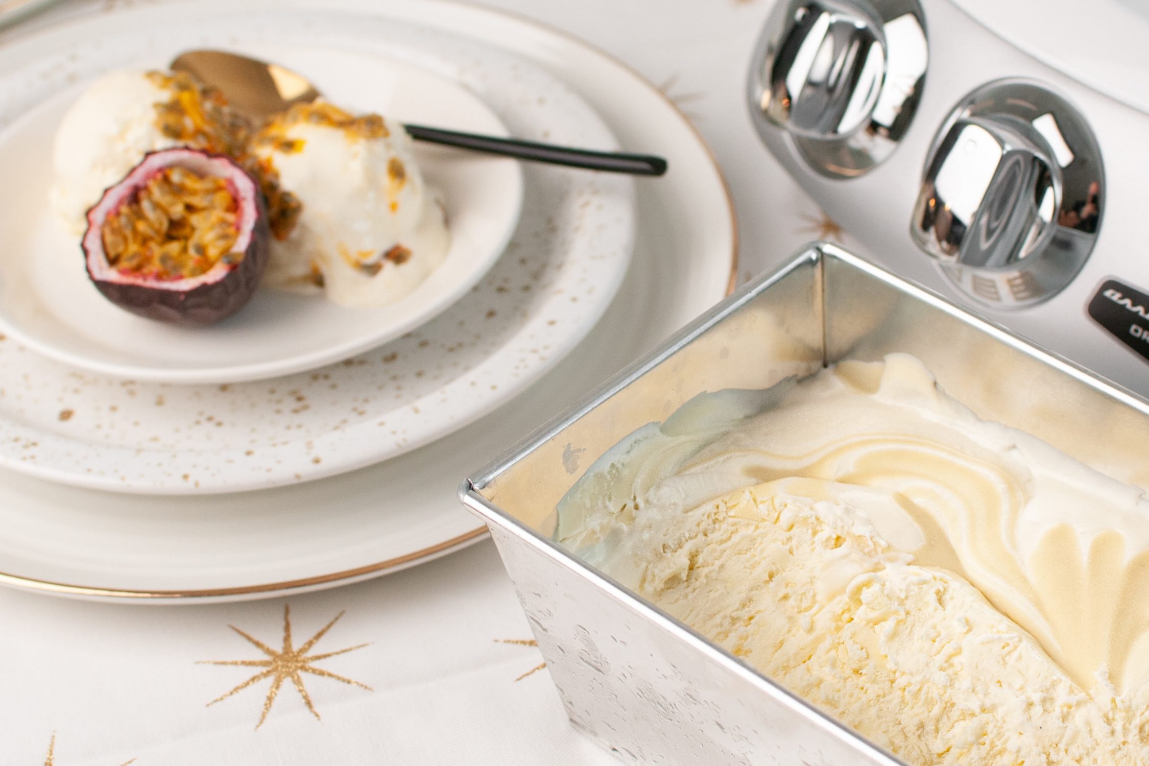 Delectable image of our white chocolate and passionfruit ice cream – a delightful treat for your New Year's celebration.